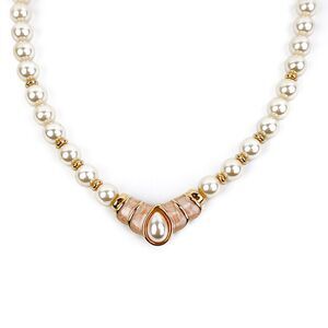 Napier Necklace Faux Pearl Light Pink Swirl Enamel Gold Tone Plate Signed Vtg